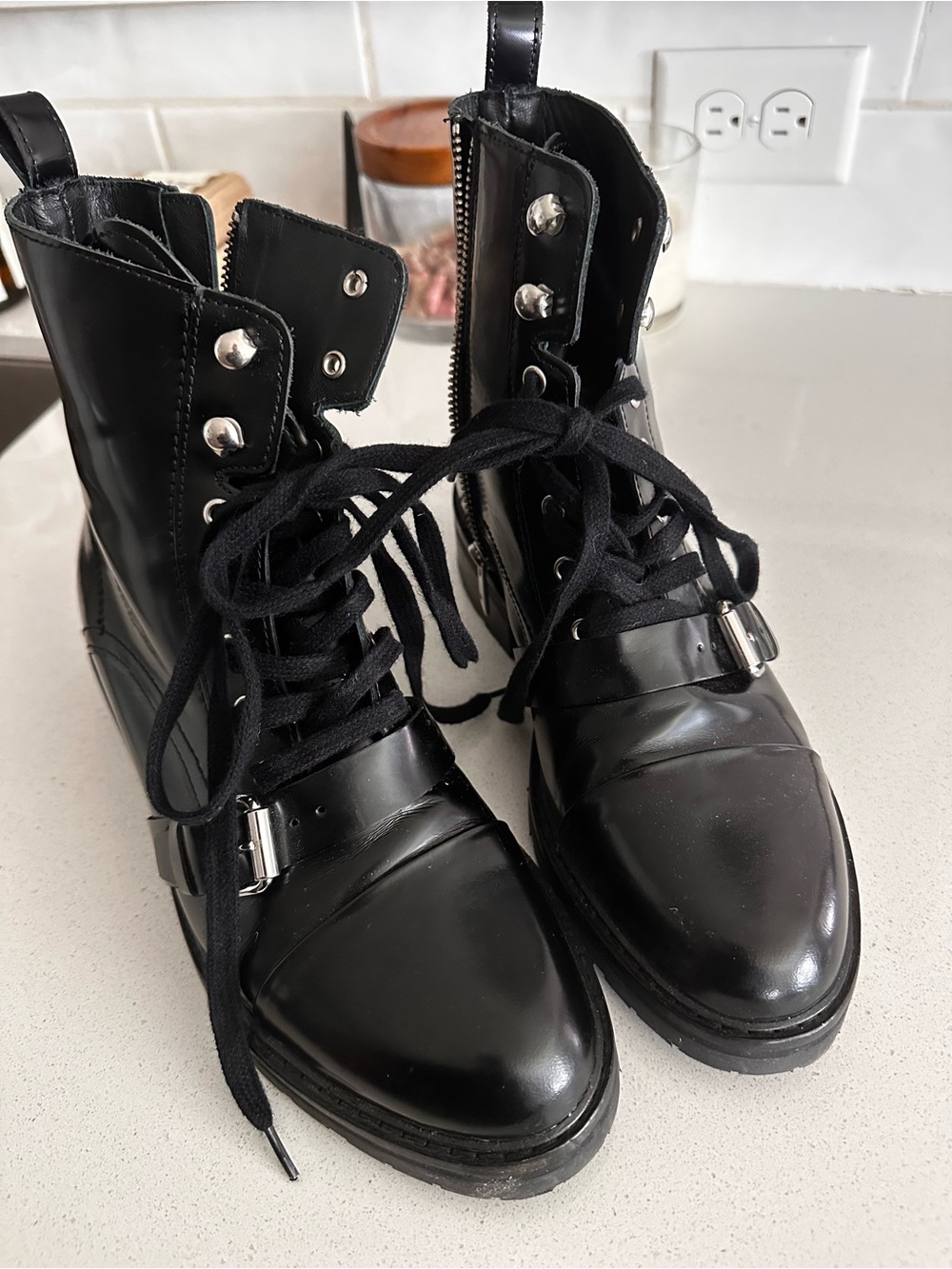 All Saints Black Leather Lace-Up Combat Boots with Buckle